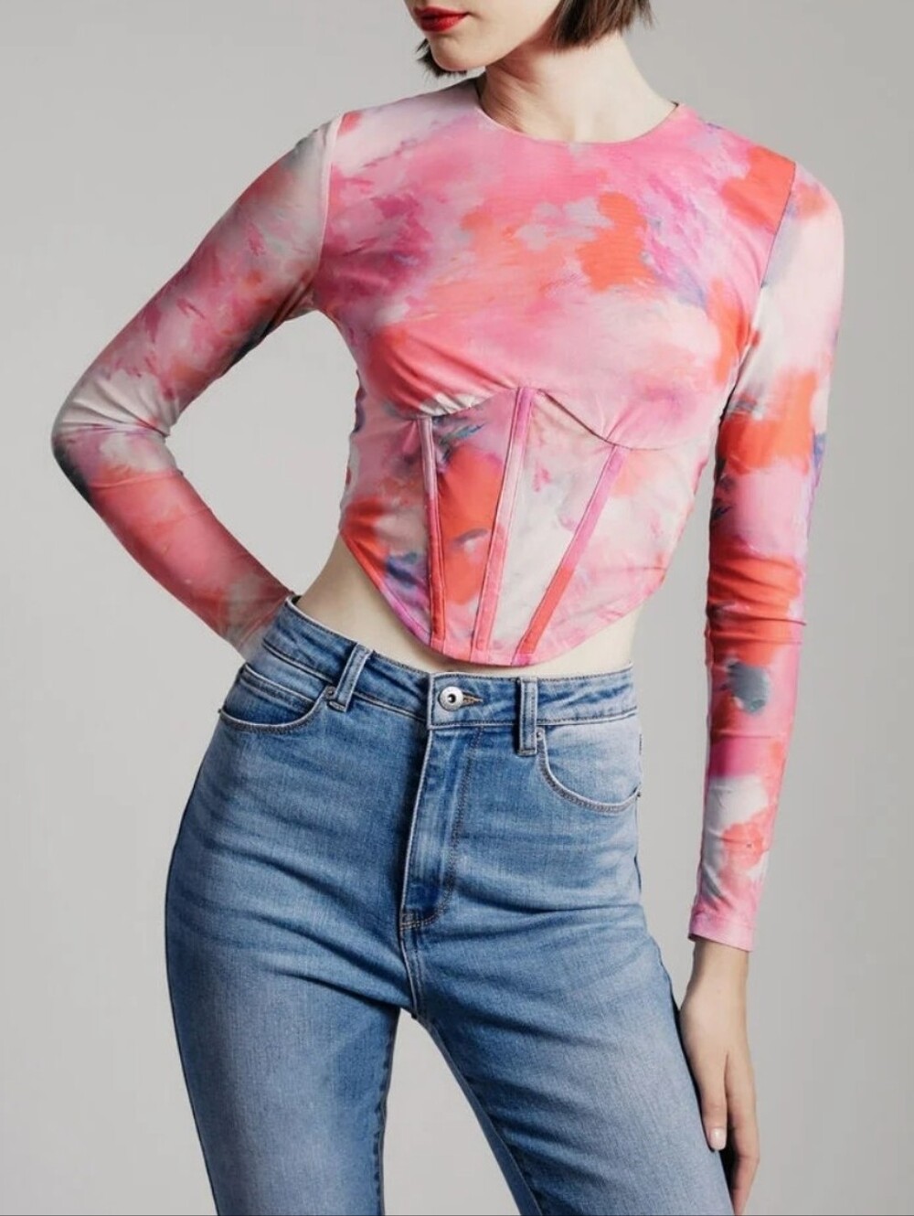 Bardot Pink Tie-Dye Long Sleeve Corset Bodysuit